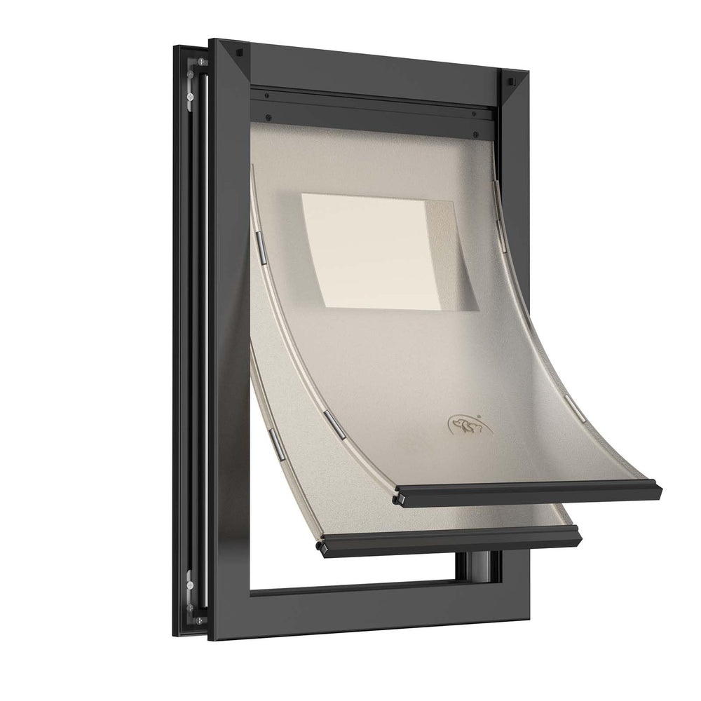 MAVRICPOWER aluminum large dog door exterior closeup showing sturdy build for weather resilience.