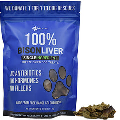Max and Neo freeze-dried bison liver dog treats bag open, ideal for training rewards.