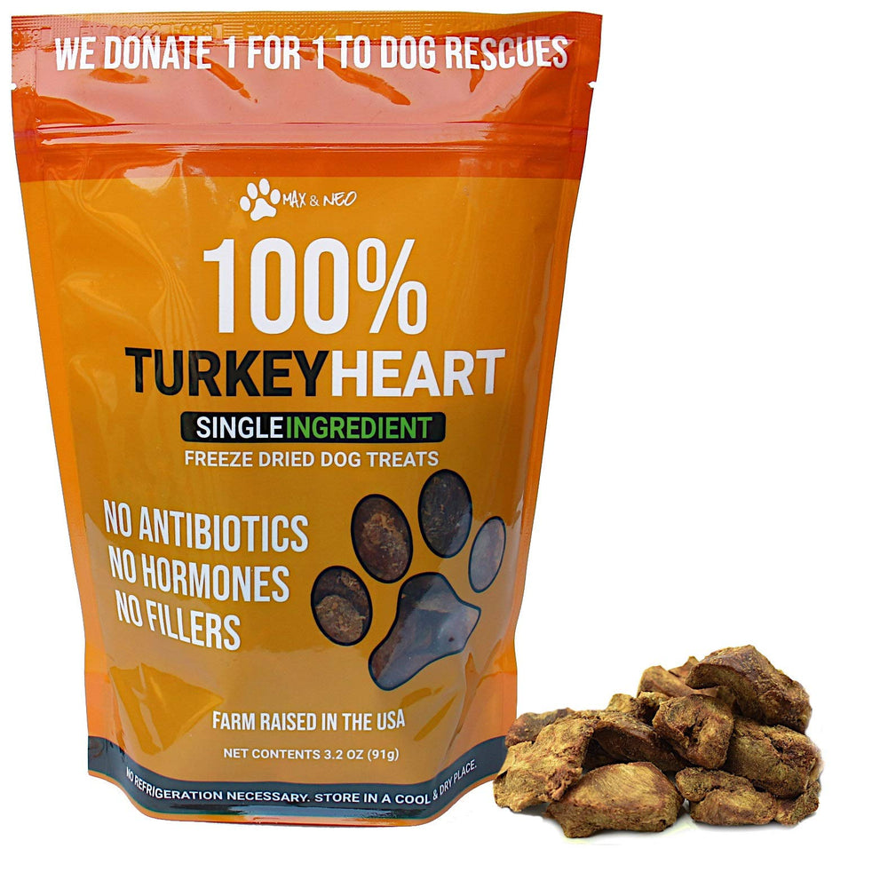 Max and Neo freeze-dried turkey heart treat bag shows simple, single-ingredient snack for dogs