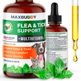 MaxBuddy flea-tick-drops bottle closeup for natural flea and tick prevention.