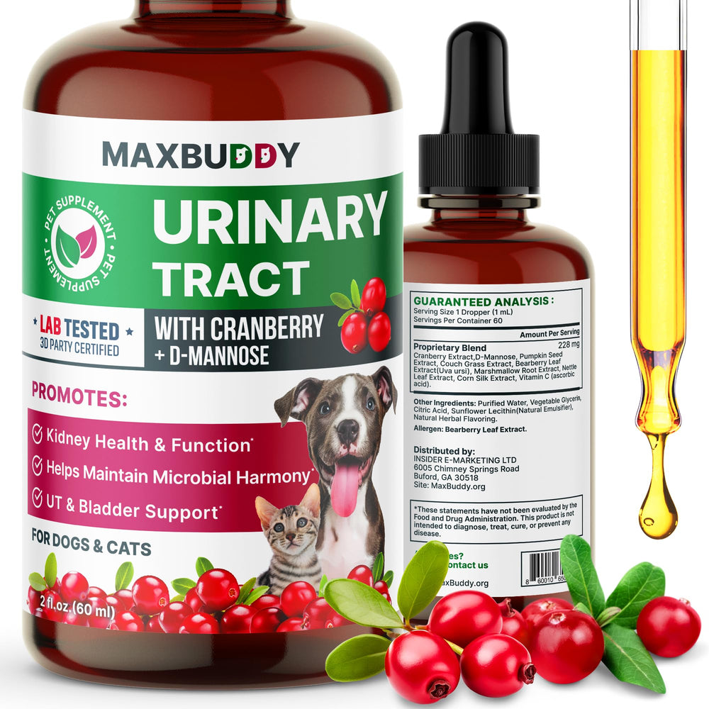 MaxBuddy Natural UTI Treatment bottle promotes urinary comfort for pets.
