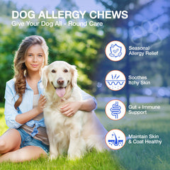 MaxHemp dog allergy chews bag shows natural, grain-free formula for sensitive stomachs.