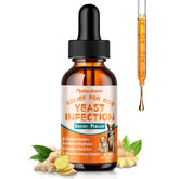 Maxhemphealth dog yeast-treatment bottle closeup showing herbal formula for itching relief
