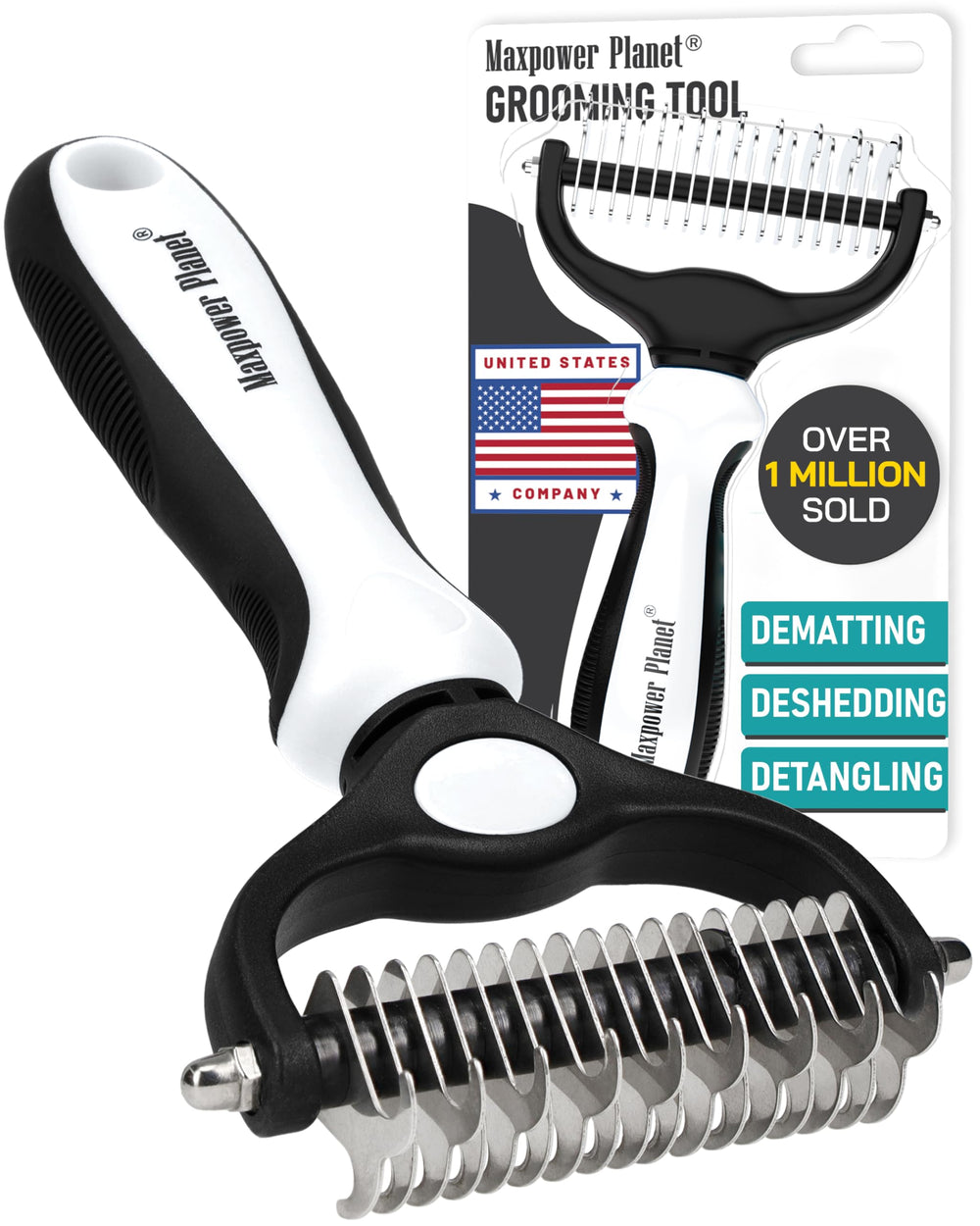 Maxpower Planet Pet Grooming Brush dual-sided close-up for mats and deshedding.