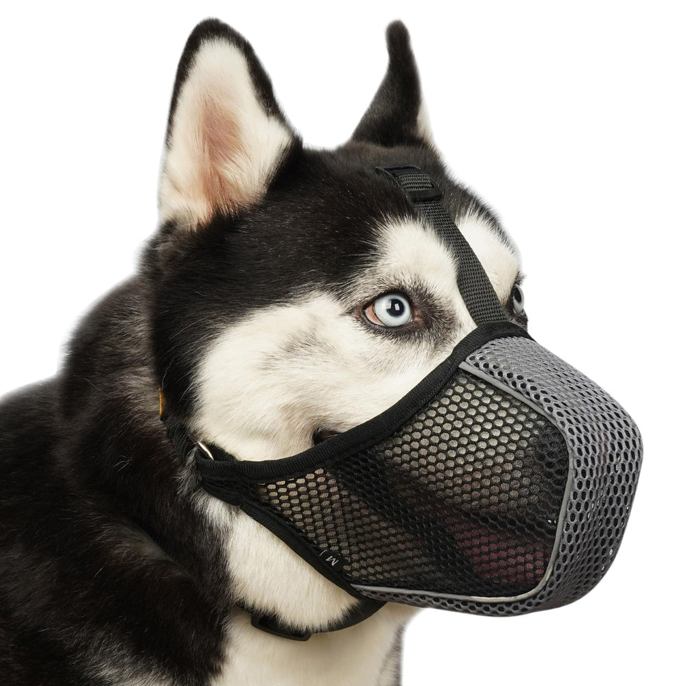 Mayerzon Dog Muzzle close-up shows soft mesh for comfortable breathing during walks.