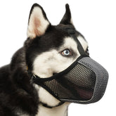 Mayerzon Dog Muzzle close-up shows soft mesh for comfortable breathing during walks.