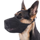 Mayerzon dog muzzle soft-mesh foldable-sides for ultra-portable comfort.