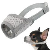 Mayerzon dog muzzle front view grey highlights breathable mesh for comfortable panting.