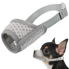 Mayerzon dog muzzle front view grey highlights breathable mesh for comfortable panting.