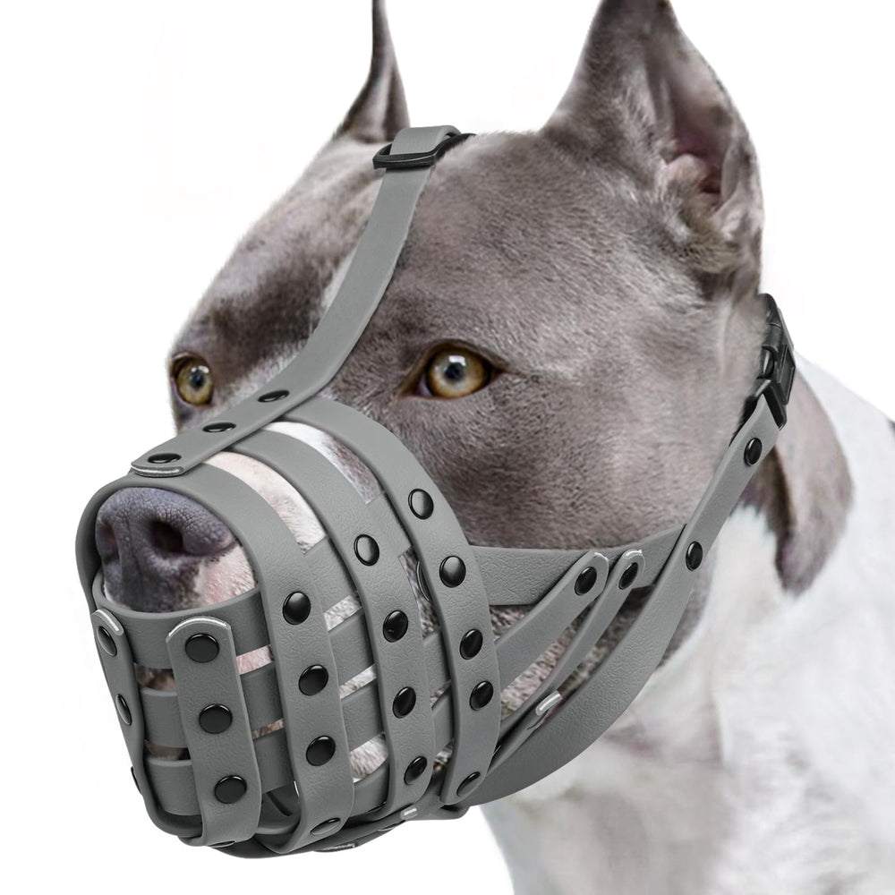 Mayerzon Pitbull Muzzle basket large-dog-view demonstrates secure fit for active dogs.