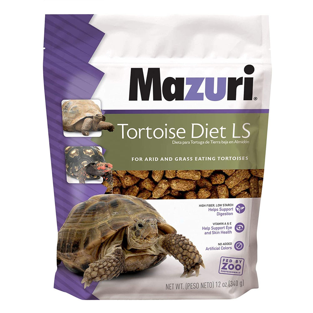 Mazuri Low Starch Tortoise Diet packaging image highlights convenient 12 oz bag for feeding.