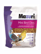 Mazuri mini bird food bag front—illustrates balanced nutrition for healthy feathers and energy.