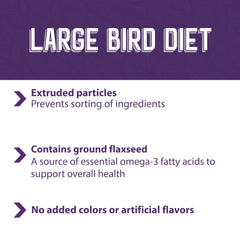 Mazuri nutritionally complete bird food no artificial colors close-up of ingredients and formula.