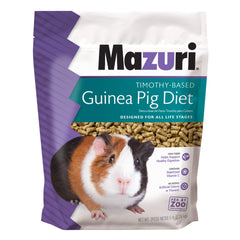Mazuri Timothy-Based Guinea Pig Food bag front view highlights complete nutrition for small pets.