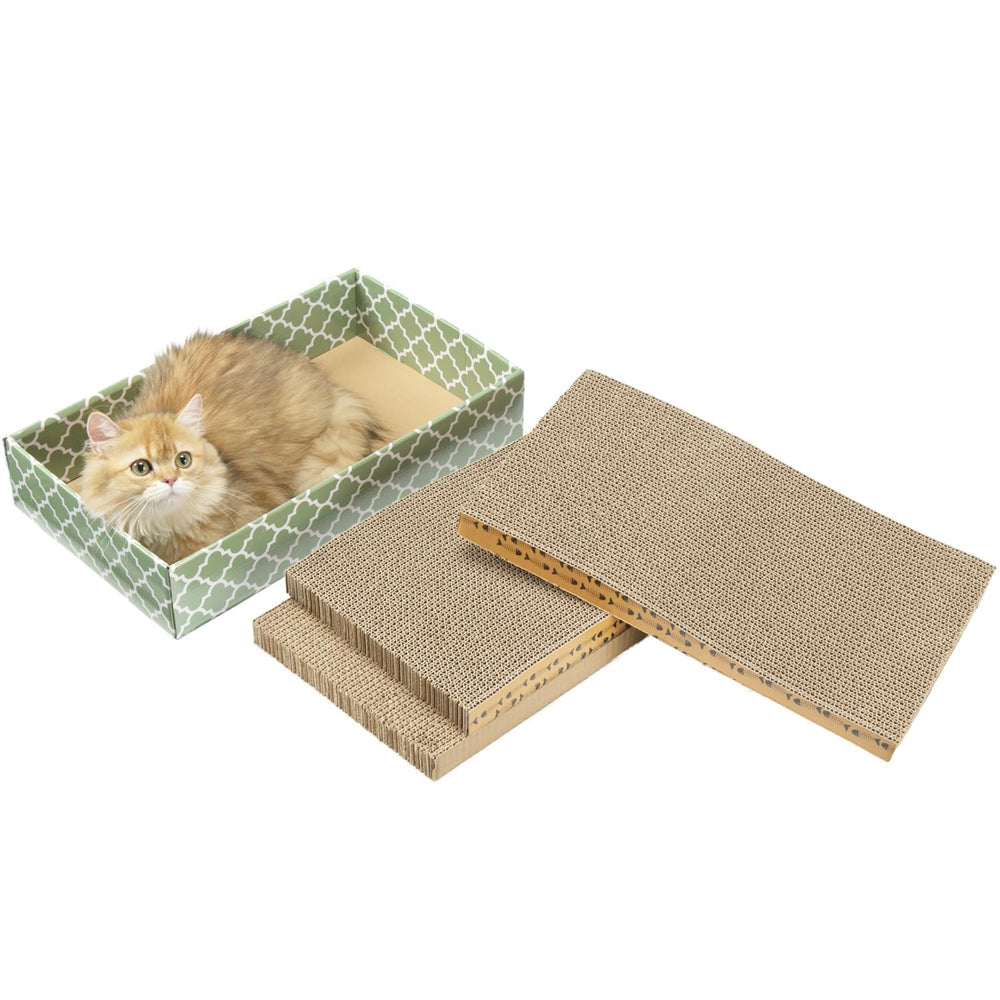 MECOOL Cat Scratching Board front view shows durable cardboard for claw play and furniture protection.