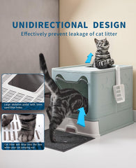 Medario cat litter box front-entry design keeps litter contained.