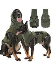 Meifsou dog anxiety vest with hood front view showing full coverage and calming fit