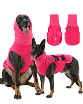 Meifsou dog anxiety vest hood rose left view showing secure fit for thunderstorm comfort.