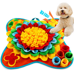 Meilzer Snuffle Mat flower-center enhances enrichment through puzzle play.