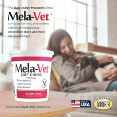 Mela-Vet melatonin soft chews closeup emphasizes fast-acting calming support during stressful events.