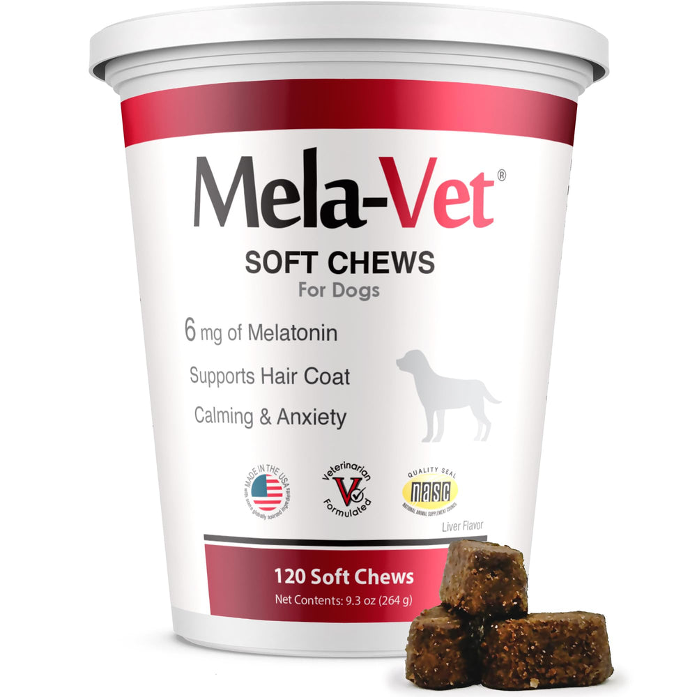 Mela-Vet melatonin calming soft chews packaging highlights vet-formulated anxiety relief for dogs.