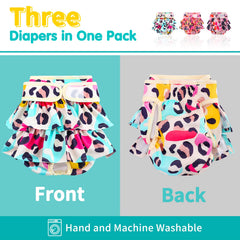 Mengelina leopard-pattern diaper features skirt design and easy Velcro closure.