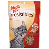Meow Mix Irresistibles soft chicken treats reseal pouch provides convenient freshness.