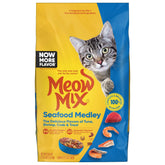 Meow Mix Seafood Medley bag front showcases flavor variety for seafood-loving cats.