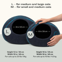 MEOWFIA cat cave interior shows soft merino wool for comfortable naps.