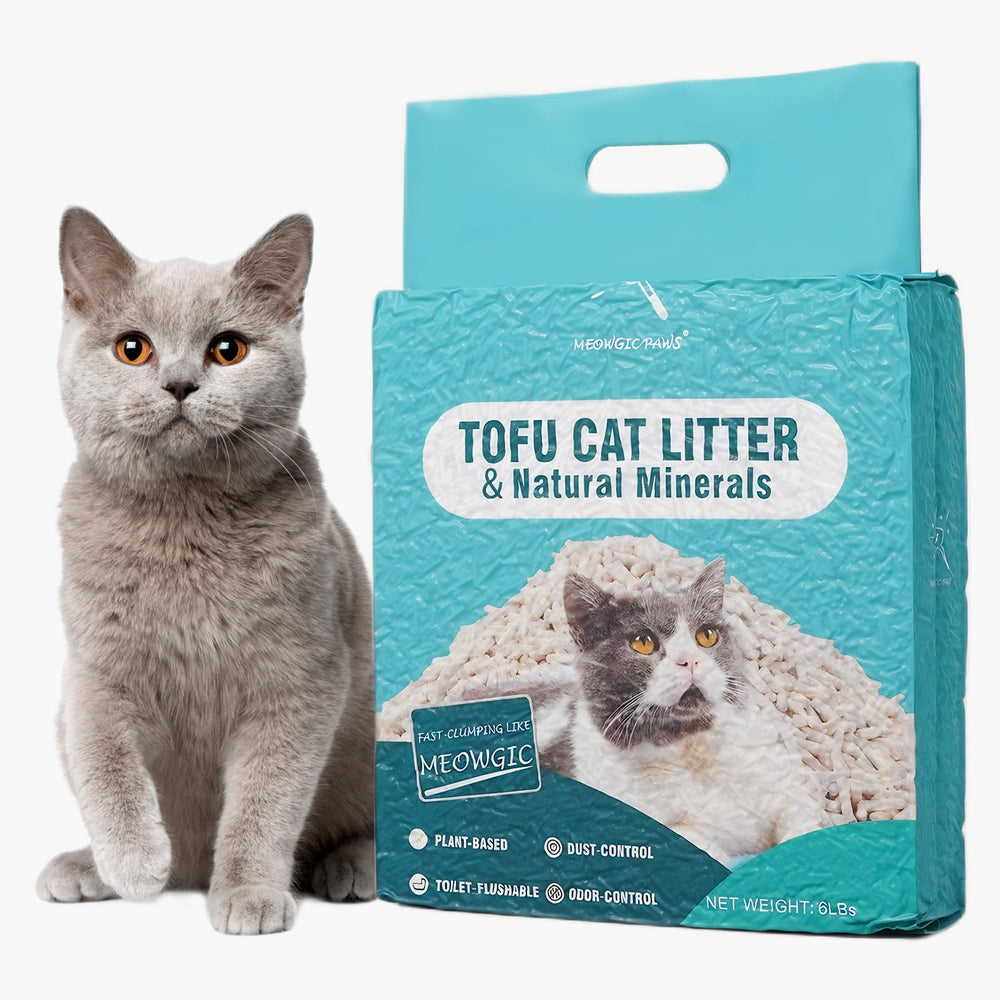 Meowgic Paws tofu cat litter packaging shows compact 6lb bag for storage and use.
