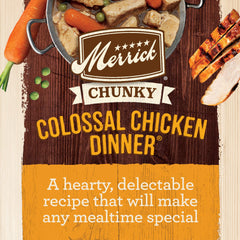Merrick Chunky Chicken Dinner in Gravy label close-up highlights grain-free formula and real meat.
