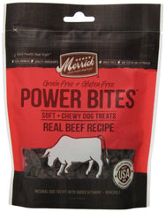 Merrick Power Bites beef treats in resealable pouch showing real beef flavor and packaging convenience.