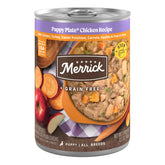 Merrick Puppy Plate chicken can closeup shows grain-free puppy nutrition.