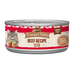 Merrick Purrfect Bistro beef pate can close-up highlighting high-protein beef for adult cats