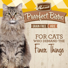 Merrick Purrfect Bistro chicken pate closeup texture emphasizes finely ground, easy-chew formula.