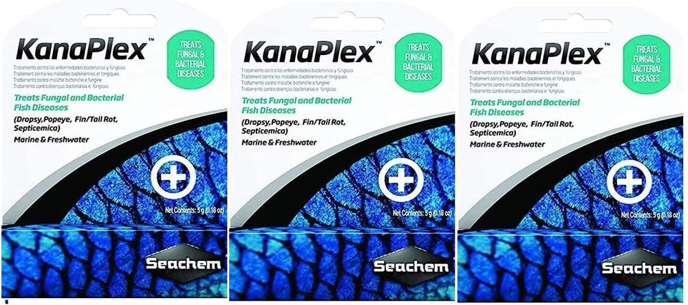 Metroplex Kanaplex 3x5g bottles shown for aquarium infection management