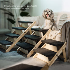 MEWANG wood pet stairs side view highlighting sturdy birch construction.
