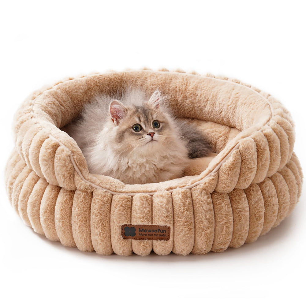 MEWOOFUN cat bed camel round outer view highlights cozy nest design