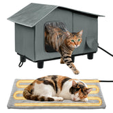 MEWTOGO elevated heated cat house exterior with sturdy legs for dry shelter.
