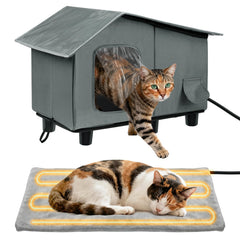 MEWTOGO elevated heated cat house exterior with sturdy legs for dry shelter.