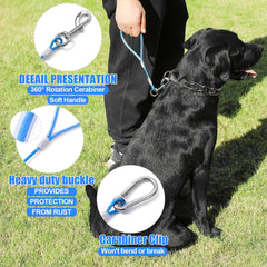 Mi Metty detachable short handle leash demonstrates tie-out use on busy sidewalks.