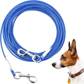 Mi Metty tie out cable post-wrap demonstrates secure outdoor tether for dogs' safety.