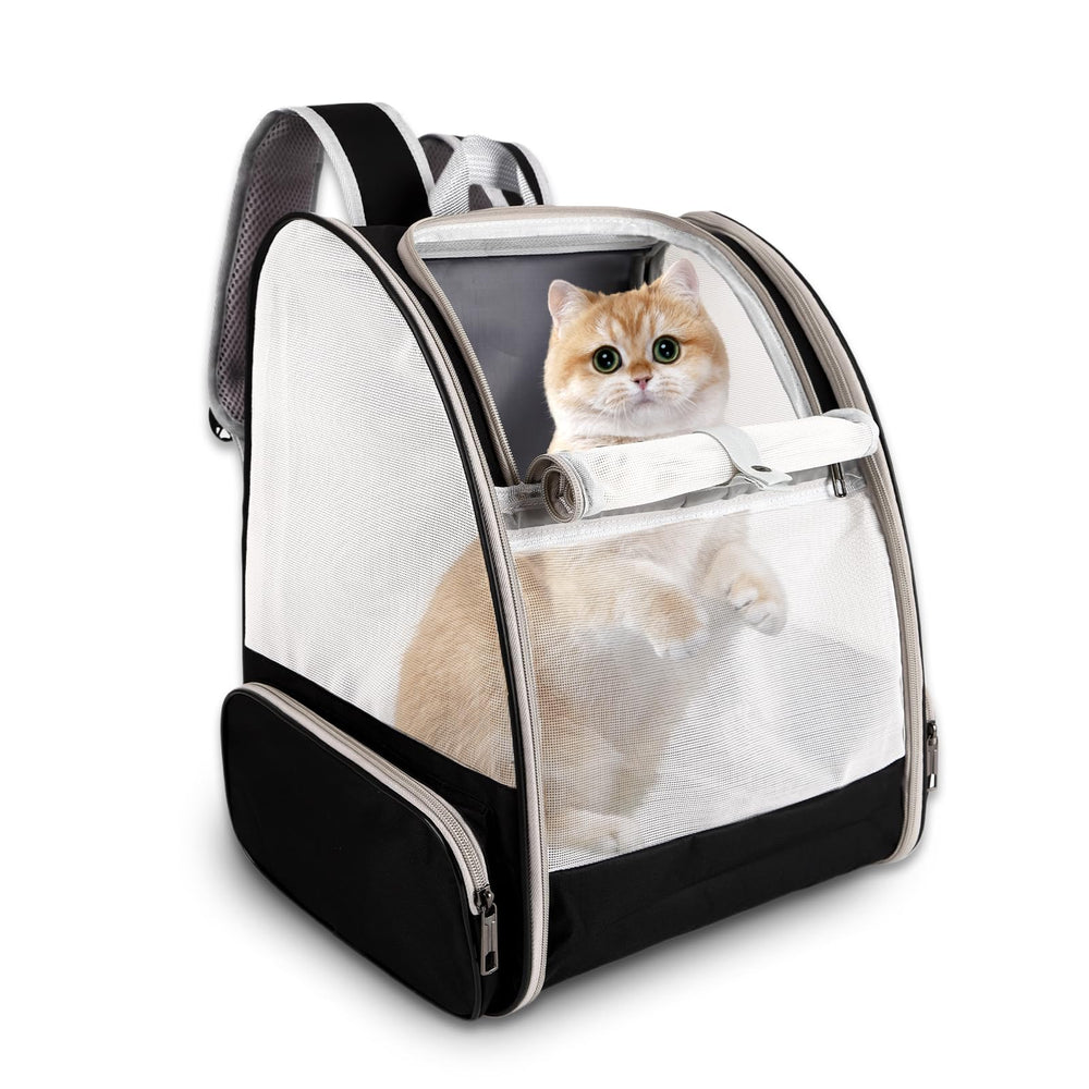 Miaoaws cat backpack carrier front view, roomy interior for cats up to 18 pounds.