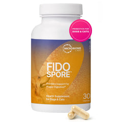 Microbiome Labs Fidospore dog probiotics capsules supporting gut health.
