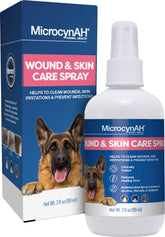 Microcyn AH wound spray bottle closeup, gentle solution for pet wounds.
