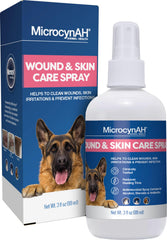 Microcyn AH wound spray bottle closeup, gentle solution for pet wounds.