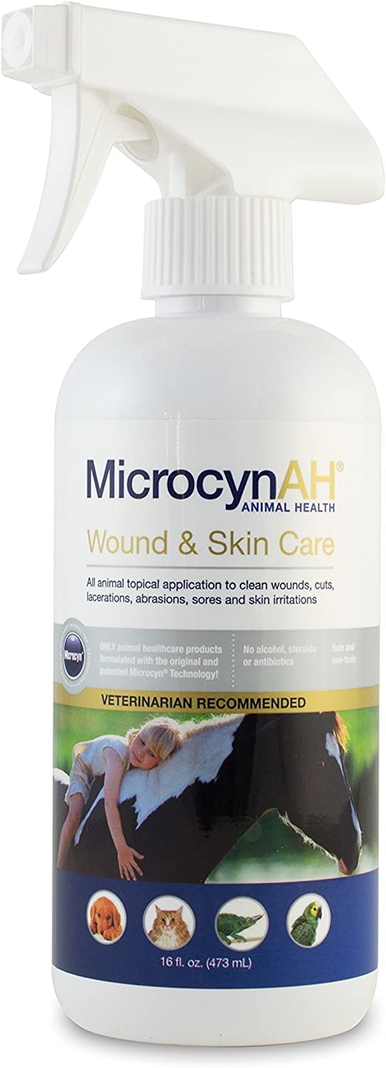 MicrocynAH Wound and Skin Care bottle for all pets promotes gentle, non-toxic wound care