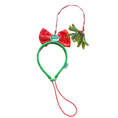Midlee Christmas Mistletoe Dog Headband closeup shows festive design and adjustable fit.