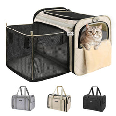 MIDOG cat carrier soft beige under-seat view shows airline-friendly size and security.