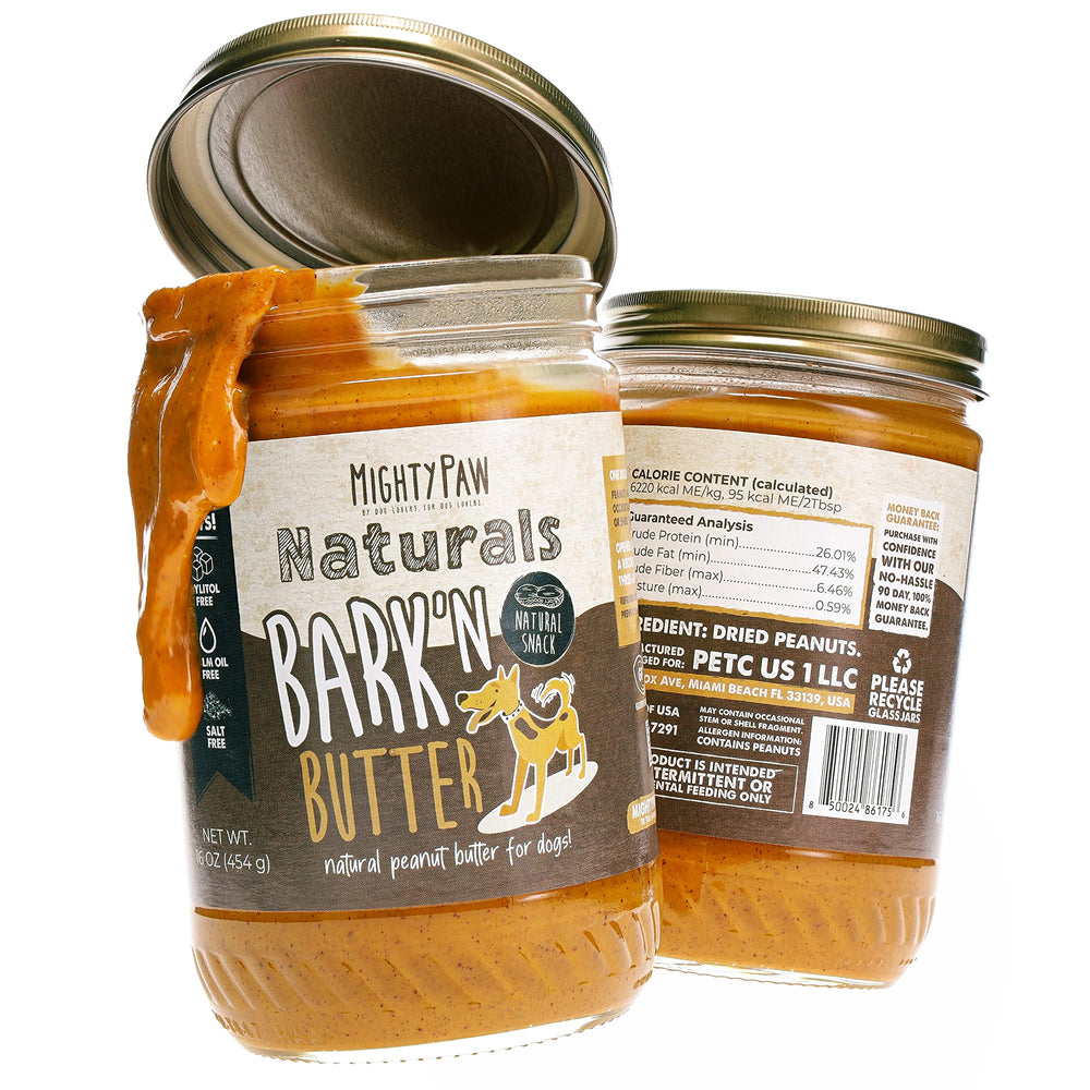 Mighty Paw Bark'n Butter two-pack jar, ready-to-serve dog peanut butter for tasty training rewards
